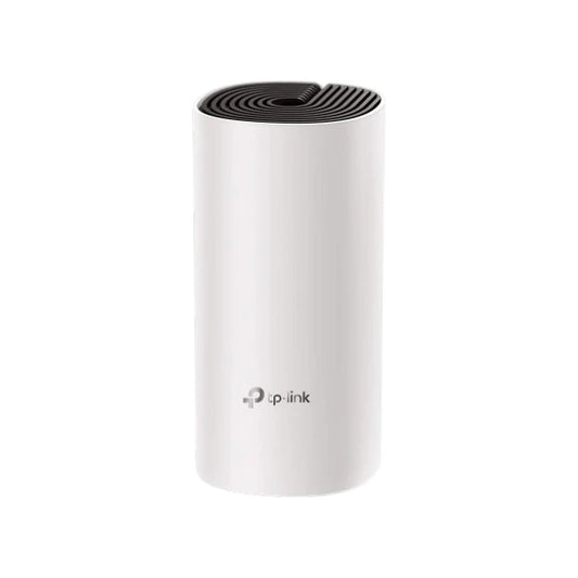 TP-Link Deco M4 AC1200 dual-band whole home mesh Wi-Fi router featuring a white cylindrical design with a black top.