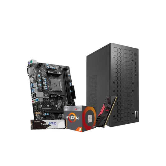 Custom PC hardware components including a desktop motherboard, CPU processor box, and computer case.