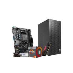Custom PC hardware components including a desktop motherboard, CPU processor box, and computer case.