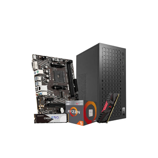 Custom PC hardware components including a desktop motherboard, CPU processor box, and a mid-tower case.