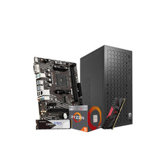 Custom PC hardware components including a desktop motherboard, CPU processor box, and a mid-tower case.