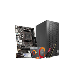 Custom PC hardware components including a desktop motherboard, CPU processor box, and mid-tower computer case.