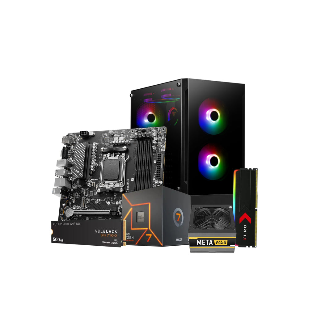 Custom PC hardware components including a desktop motherboard, CPU cooler fan, and RAM module.