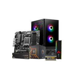 Custom PC hardware components including a desktop motherboard, CPU cooler fan, and RAM module.