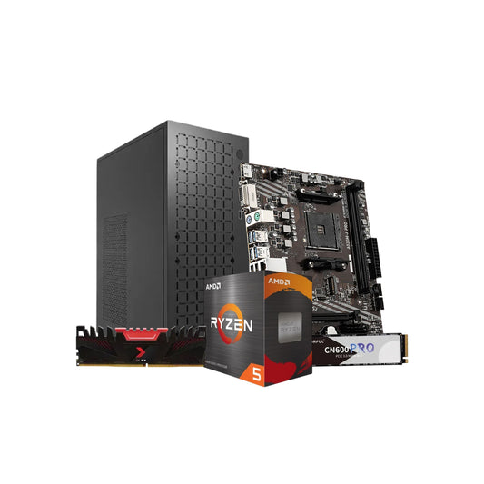 Custom PC hardware components including a processor CPU box, motherboard, and power supply unit.