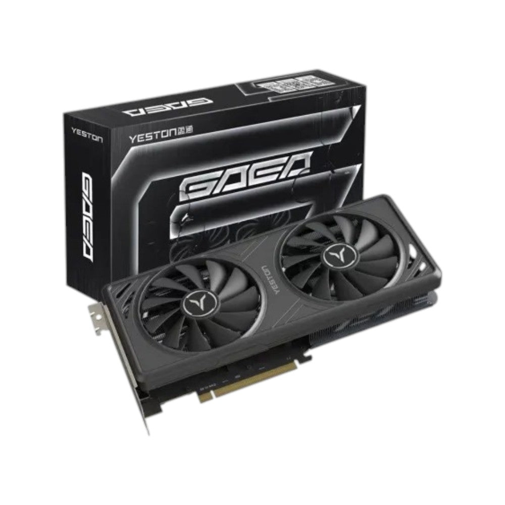 Yeston GeForce RTX 5060 GAEA 8GB GDDR7 graphics card featuring dual cooling fans alongside its retail packaging.