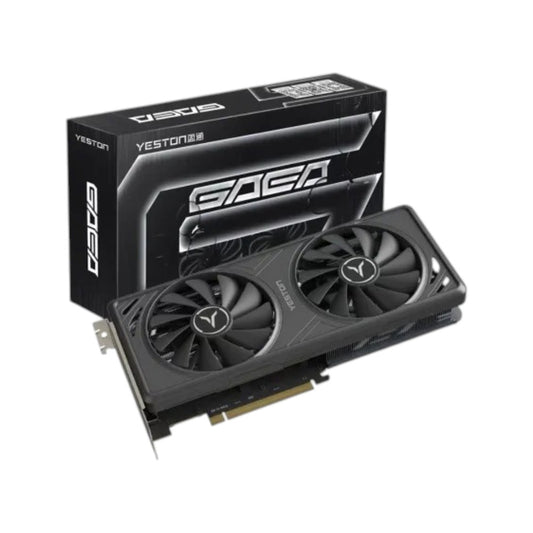 Yeston GeForce RTX 5060 GAEA 8GB GDDR7 graphics card featuring dual cooling fans alongside its retail packaging.