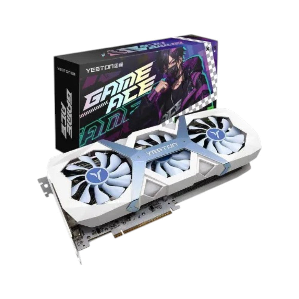 Yeston GeForce RTX 5060 GAME ACE 8GB GDDR7 graphics card featuring a dual-fan cooling system alongside its retail packaging.