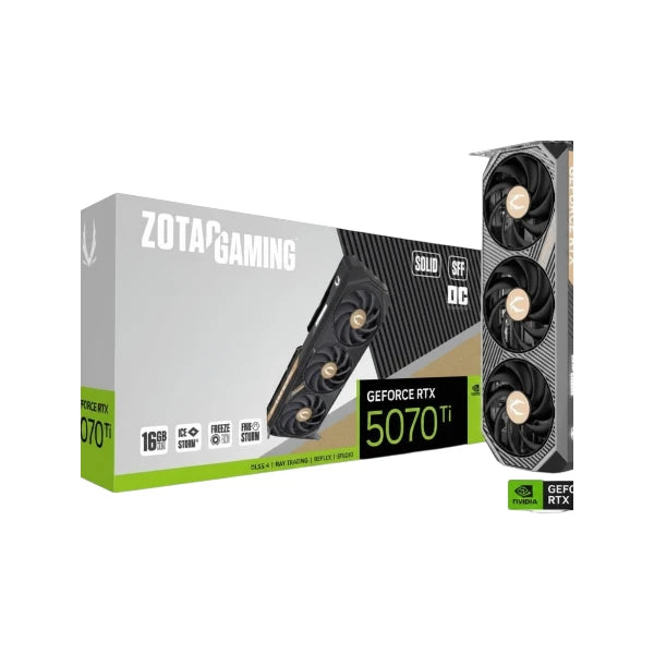 ZOTAC GAMING GeForce RTX 5070 Ti SOLID SFF OC 16GB GDDR7 Graphics Card with retail packaging box.
