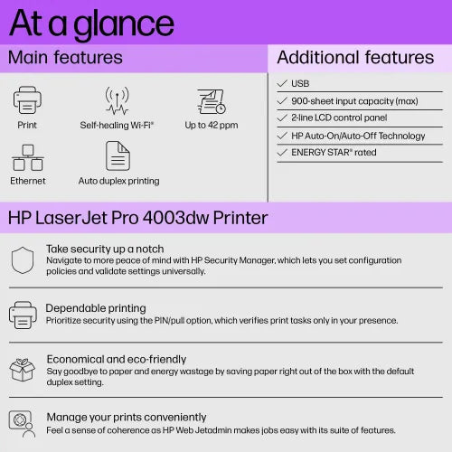 HP LaserJet Pro 4003dw Single Function Mono Laser Printer (PHP11634)
