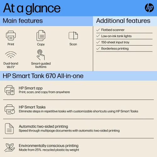 HP Smart Tank 670 Wi-Fi Duplexer All-in-One Color Printer (PHP11635)